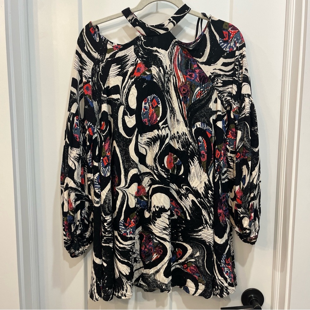 Free People Black Print Drift Away Tunic Mini Dress Sz Small Cold Shoulder Flowy